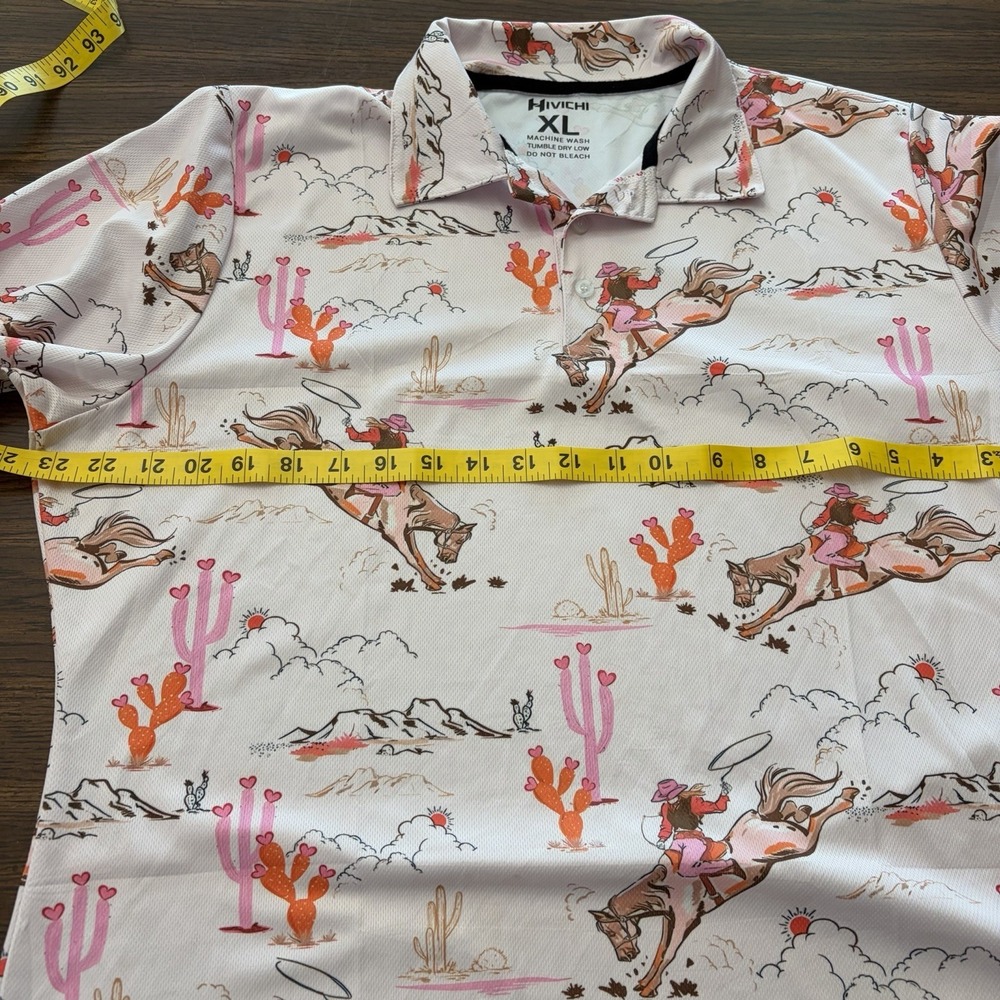 Hivichi Men's XL Western Cowgirl Print Polo Golf Shirt Pink - Picture 10 of 11